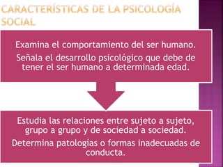 Estudia las relaciones entre sujeto a sujeto,
grupo a grupo y de sociedad a sociedad.
Determina patologías o formas inadecuadas de
conducta.
Examina el comportamiento del ser humano.
Señala el desarrollo psicológico que debe de
tener el ser humano a determinada edad.
 