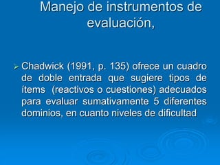 Manejo de instrumentos de
evaluación,
 Chadwick (1991, p. 135) ofrece un cuadro
de doble entrada que sugiere tipos de
ítems (reactivos o cuestiones) adecuados
para evaluar sumativamente 5 diferentes
dominios, en cuanto niveles de dificultad
 