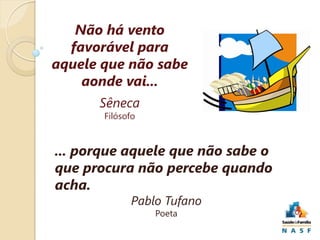 Não há vento
favorável para
aquele que não sabe
aonde vai...
Sêneca
Filósofo

... porque aquele que não sabe o
que procura não percebe quando
acha.
Pablo Tufano
Poeta

 