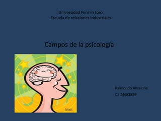 Universidad Fermín toro
Escuela de relaciones industriales

Campos de la psicología

Raimondo Anzalone
C.I 24683859

 