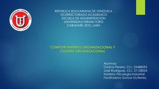 REPUBLICA BOLIVARIANA DE VENEZUELA
VICERRECTORADO ACADEMICO
ESCUELA DE ADMINISTRACION
UNIVERSIDAD FERMIN TORO
CABUDARE, EDO. LARA

COMPORTAMIENTO ORGANIZACIONAL Y
CULTURA ORGANIZACIONAL

Alumnos:
Cristina Pereira, CI.I.: 23488095
José Rodrígues, CI.I.: 21128024
Materia: Psicología Industrial
Facilitadora: Eunice Gutierrez.

 