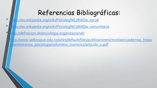 Referencias Bibliográficas:
• https://es.wikipedia.org/wiki/Psicolog%C3%ADa_social
• https://es.wikipedia.org/wiki/Psicolog%C3%ADa_comunitaria
• http://definicion.de/psicologia-organizacional/
• http://www.uelbosque.edu.co/sites/default/files/publicaciones/revistas/cuadernos_hispa
noamericanos_psicologia/volumen1_numero2/articulo_2.pdf
 