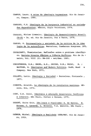 154.
CAMPOS, Lauro. A crise da ideologia keynesiana. Rio de Janei-
ro, Campus. 1980.
CARDOSO, F.H. Ideologia de la burguesia industrial en socieda·
des dependientes. México, Siglo Veintiuno, 1974.
CARDOSO,' Miriam Li!moeiro. Ideologia do desenvolvimento Brasil:
JK-JQ - 2a. ed. Rio de Janeiro, Paz e Terra, 1978.
CARUSO, K. Psicoanalisis Y sociedad: de la critica de la ideo
logia de la autocrítica. Barcelona, Cuadernos Anagrama. 1971.
CAVALCANTI, Themistocles. Reflexões sobre o problema ideológi-
co. Revista Direito Público e Ciência política. Rio de Ja -
neiro, Vol. VIII (3): 84-100 - set/dez. 1965.
CHRISTENSON, R.M.; ENGEL, A.S., JACOBS, D.N.; REJAI, M.;
WAITZER, H. Ideologies and'Modern Politics. Dodd, Mead &
Company. New York, 1971.
COLLETI, Lucio. Ideologia y Sociedad - Barcelona. Fontanela ,
1977.
CORDOVA, Arnaldo. La ideologia de la revolucion mexicana. Mé-
xico, Era, 1974.
CURY, C.R. Jamil. Ideologia e educação brasileira: Católicos
e liberais. são Paulo, Cortez e Moraes, 1979.
DEBERT, Guita Grin. Ideclogia e Populismo: A. de Barros, M.
Ar~aes, C. Lacerda, L. Brizola. T.A. Queiroz, são Paulo,
1919.
DESRUN, Michel. Ideologia e Realidade ISEB/MEC. Rio de Janei-
ro, 1959.
 