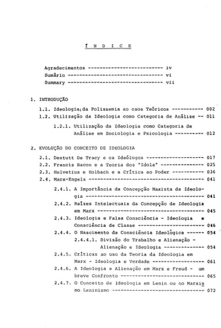 ! N D I C E
Agradecimentos -------------------------- iv
Sumário --------------------------------- vi
Summary vii
1. INTRODUÇÃO
1.1. Ideologia:da Polissemia ao caos Teóricos ----------- 002
1.2. Utilização da Ideologia corno Categoria de Análise 011
1.2.1. Utilização da Ideologia corno Categoria de
Análise em Sociologia e Psicologia ---------- 012
2. EVOLUÇÃO DO CONCEITO DE IDEOLOGIA
2.1. Destutt De Tracy e os Ideólogos -------------------- 017
2.2. Francis Bacon e a Teoria dos "Idola" --------------- 025
2.3. He1vetius e Holbach e a Critica ao Poder ----------- 036
2.4. Marx-Engels ---------------------------------------- 041
2.4.1. A Importância da Concepção Maxista da Ideolo-
gia ----------------------------------------- 041
2.4.2. Raizes Intelectuais da Concepção de Ideologia
em Marx ------------------------------------- 045
2.4.3. Ideologia e Falsa Consciência - Ideologia e
Consciência de Classe ----------------------- 046
2.4.4. O Nascimento da Consciência Ideológica ------ 054
2.4.4.1. Divisão do Trabalho e Alienação -
Alienação e Ideologia -------------- 054
2.4.5. Criticas ao uso da Teoria da Ideologia em
Marx - Ideologia e Verdade ------------------ 061
2.4.6. A Ideologia e Alienação em Marx e Freud - um
breve Confronto ----------------------------- 065
2.4.7. O Conceito de Ideologia em Lenin ou no Marxi~
mo Leninismo -------------------------------- 072
 