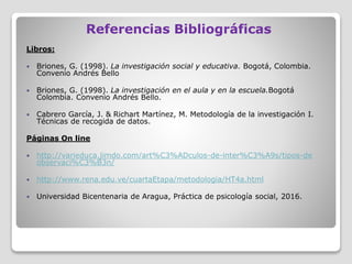 Referencias Bibliográficas
Libros:
 Briones, G. (1998). La investigación social y educativa. Bogotá, Colombia.
Convenio Andrés Bello
 Briones, G. (1998). La investigación en el aula y en la escuela.Bogotá
Colombia. Convenio Andrés Bello.
 Cabrero García, J. & Richart Martínez, M. Metodología de la investigación I.
Técnicas de recogida de datos.
Páginas On line
 http://varieduca.jimdo.com/art%C3%ADculos-de-inter%C3%A9s/tipos-de
observaci%C3%B3n/
 http://www.rena.edu.ve/cuartaEtapa/metodologia/HT4a.html
 Universidad Bicentenaria de Aragua, Práctica de psicología social, 2016.
 