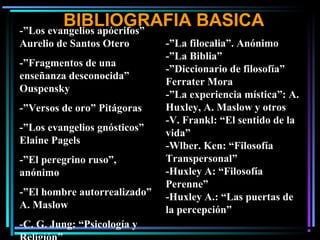 BIBLIOGRAFIA BASICA-”Los evangelios apócrifos”
Aurelio de Santos Otero
-”Fragmentos de una
enseñanza desconocida”
Ouspensky
-”Versos de oro” Pitágoras
-”Los evangelios gnósticos”
Elaine Pagels
-”El peregrino ruso”,
anónimo
-”El hombre autorrealizado”
A. Maslow
-C. G. Jung: “Psicología y
-”La filocalia”. Anónimo
-”La Biblia”
-”Diccionario de filosofía”
Ferrater Mora
-”La experiencia mística”: A.
Huxley, A. Maslow y otros
-V. Frankl: “El sentido de la
vida”
-Wlber. Ken: “Filosofía
Transpersonal”
-Huxley A: “Filosofía
Perenne”
-Huxley A.: “Las puertas de
la percepción”
 