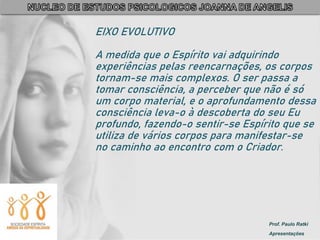 Prof. Paulo Ratki
Apresentações
EIXO EVOLUTIVO
A medida que o Espírito vai adquirindo
experiências pelas reencarnações, os corpos
tornam-se mais complexos. O ser passa a
tomar consciência, a perceber que não é só
um corpo material, e o aprofundamento dessa
consciência leva-o à descoberta do seu Eu
profundo, fazendo-o sentir-se Espírito que se
utiliza de vários corpos para manifestar-se
no caminho ao encontro com o Criador.
 