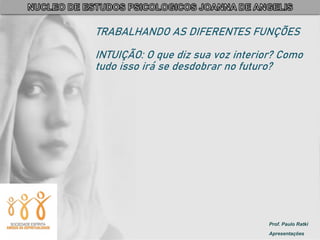 Prof. Paulo Ratki
Apresentações
TRABALHANDO AS DIFERENTES FUNÇÕES
INTUIÇÃO: O que diz sua voz interior? Como
tudo isso irá se desdobrar no futuro?
 