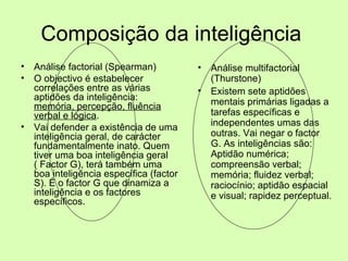 Composição da inteligência  Análise factorial (Spearman) O objectivo é estabelecer correlações entre as várias aptidões da inteligência:  memória, percepção, fluência verbal e lógica .  Vai defender a existência de uma inteligência geral, de carácter fundamentalmente inato. Quem tiver uma boa inteligência geral ( Factor G), terá também uma boa inteligência específica (factor S). É o factor G que dinamiza a inteligência e os factores específicos.  Análise multifactorial (Thurstone) Existem sete aptidões mentais primárias ligadas a tarefas específicas e independentes umas das outras. Vai negar o factor G. As inteligências são: Aptidão numérica; compreensão verbal; memória; fluidez verbal; raciocínio; aptidão espacial e visual; rapidez perceptual.  