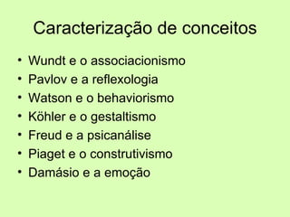 Caracterização de conceitos Wundt e o associacionismo  Pavlov e a reflexologia  Watson e o behaviorismo K öhler e o gestaltismo Freud e a psicanálise Piaget e o construtivismo Damásio e a emoção 