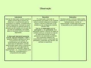 Observação Laboratorial Este tipo de observação acontece quando se deseja controlar alguns factores que influenciam o comportamento para se manipularem as variáveis, nomeadamente a variável independente. Controlam-se assim, com mais eficácia as variáveis externas ou parasitas que são aquelas com as quais não se conta na investigação e que podem alterar os resultados obtidos na variável dependente. A observação laboratorial apresenta, contudo, algumas limitações, a saber : o ambiente é artificial, afectando por isso o comportamento dos sujeitos; há comportamentos que não podem ser observados em laboratório; (controlo experimental)o sujeito tende a comportar-se de acordo com o que julga serem as expectativas do observador; efeitos do experimentador, i.,é., o experimentador pode influenciar, involuntariamente, o comportamento dos sujeitos.  Naturalista É a observação e descrição do comportamento dos sujeitos no seu ambiente natural, é também designada de ecológica porque o indivíduo é observado no seu contexto de vida, privilegiando o binómio indivíduo meio.  Este tipo de  observação  pode ser  participante  ou não  participante . Ela é participante quando o indivíduo se integra na unidade social que vai estudar ao longo de um determinado período de tempo, participando nas actividades quotidianas, visa a apreensão qualitativa dos comportamentos sociais. A observação não participante o observador não intervém, não participa na experiência.  Sistemática Acontece quando o indivíduo realiza tarefas idênticas à do experimentador: formulação de hipóteses prévias, controlo na experimentação, a observação pode ocorrer no laboratório ou em contexto ecológico.  
