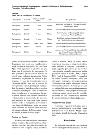 Psicólogo Intensivista: Reﬂexões sobre a Inserção Proﬁssional no Âmbito Hospitalar,
Formação e Prática Proﬁssional.
1229
contato inicial foram esclarecidos os objetivos
da pesquisa, bem como seus procedimentos e
tempo de duração aproximado das entrevistas.
Após, foram agendados os encontros em uma
data e local de preferência das participantes. Na
data agendada a pesquisadora se deslocou até
o local para a realização da entrevista. Após a
apresentação da pesquisa, foi entregue às par-
ticipantes o Termo de Consentimento Livre e
Esclarecido (TCLE) para que se pudesse dar
prosseguimento à coleta. Em seguida, foi aplica-
do o Questionário Sociodemográﬁco e, por ﬁm,
a entrevista semidirigida. Todas as entrevistas
foram gravadas com o consentimento das par-
ticipantes, para que fosse realizada a transcrição
posteriormente. O tempo médio dos encontros
para realização das entrevistas foi de quarenta
minutos. Todas as participantes responderam às
entrevistas individualmente, sendo que quatro
foram realizadas nos hospitais onde atuavam e
três nas dependências da Universidade Federal
de Ciências da Saúde de Porto Alegre.
Análise de Dados
Foi realizada uma análise de conteúdo te-
mática, focada no desenvolvimento de catego-
rias que visavam à interação do conteúdo das
entrevistas com o suporte teórico encontrado
(Hsieh & Shannon, 2005). De acordo com os
objetivos da pesquisa, as categorias temáticas
foram deﬁnidas a posteriori, respeitando as
etapas sugeridas por autores que desenvolve-
ram estruturas metodológicas para tal análise
qualitativa (Braun & Clarke, 2006; Campos,
2004; Hsieh & Shannon, 2005). Foram deﬁni-
das quatro categorias emergentes, sendo elas:
Intervenções psicológicas em terapia intensiva,
Peculiaridades da atuação proﬁssional junto ao
paciente crítico, Inserção do psicólogo nas equi-
pes multiproﬁssionais – oportunidades e desaﬁos
e Necessidades na formação proﬁssional do psi-
cólogo que atua no intensivismo. Os conteúdos
englobados em cada categoria serão apresenta-
dos a seguir junto aos resultados da pesquisa.
Procedimentos Éticos
A presente pesquisa foi analisada e aprova-
da pelo Comitê de Ética da Universidade Federal
de Ciências da Saúde de Porto Alegre e segue
a Resolução 466/12 do Conselho Nacional de
Saúde.
Resultados
Da análise de conteúdo das entrevistas rea-
lizadas com as participantes acerca de sua atua-
Tabela 1
Dados sobre as Participantes do Estudo
Participante Hospital
Tempo de atuação
em UTI
Idade Pós-graduação
Participante 1 Privado 2 anos 31 anos
Residência em Saúde da Família e Mestrado
em Psicologia Social
Participante 2 Público 2 anos 30 anos Residência Multiproﬁssional (em andamento)
Participante 3 Privado 6 anos 38 anos
Especialização em Psicologia Hospitalar
e Mestrado em Psicologia Clínica
Participante 4 Privado 2 anos 32 anos
Residência Multiproﬁssional, e Mestrado
em Psicologia Social (em andamento)
Participante 5 Público 2 anos e meio 24 anos Residência Multiproﬁssional (em andamento)
Participante 6 Público 3 meses 27 anos Residência Multiproﬁssional (em andamento)
Participante 7 Público 3 meses 26 anos
Mestrado em Psicologia Clínica, Especialização
em Terapia Sistêmica e Residência
Multiproﬁssional (em andamento)
 