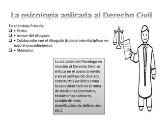 La actividad del Psicólogo en
relación al Derecho Civil, se
enfoca en el asesoramiento
y en el peritaje de diversos
constructos jurídicos como
la capacidad civil en la toma
de decisiones (contratos,
testamentos tutelares,
cambio de sexo,
esterilización de deficientes,
etc.).
En el ámbito Privado:
 • Perito.
 • Asesor del Abogado.
 • Colaborador con el Abogado (trabajo interdisciplinar en
todo el procedimiento).
 • Mediador.
 