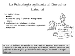 En el ámbito del Derecho Laboral el psicólogo suele ser requerido para asesorar a los
Juzgados en materia de secuelas psicológicas en accidentes laborales, simulación, y en
problemas psicofisiológicos que contempla la nueva Ley de Prevención de Riesgos
Laborales.
En el ámbito Privado:
 • Perito.
 • Asesor del Abogado y Comités de Seguridad e
Higiene.
 • Colaborador con el Abogado (trabajo
interdisciplinar en todo el procedimiento) y Comités.
 • Mediador.
 
