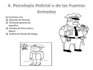 Sus funciones son:
 Selección de Personal.
 Formación general y/o
específica.
 Estudios de Clima social y
laboral.
 Análisis de Puestos de trabajo.
 