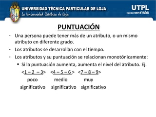 PUNTUACIÓN Una persona puede tener más de un atributo, o un mismo atributo en diferente grado. Los atributos se desarrollan con el tiempo. Los atributos y su puntuación se relacionan monotónicamente: Si la puntuación aumenta, aumenta el nivel del atributo. Ej. < 1 – 2  – 3 >  < 4 – 5 – 6  >  < 7 – 8 – 9 > poco  medio  muy significativo  significativo  significativo 