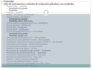  Contenido
 Lista de instrumentos o métodos de evaluación aplicados y sus resultados
 Test de caritas – Atención
 Descripción de la prueba:
 Resultados:
 Toulouse – Atención
 Bender – Percepción y maduración
 Test de Terman – Inteligencia
 Descripción de la prueba:
 Resultados: Serie 1, Serie 2, etc…
 Test de matrices progresivas de Raven – Inteligencia
 Test de dominós – Inteligencia
 Test de Otis – Inteligencia
 Test de Barsit – Inteligencia
 Test de personalidad de Taylor – Personalidad
 Descripción de la prueba:
 Resultados: Escala 1, etc…
 Inventario de Personalidad 16 PF – Personalidad
 Inventario de personalidad de Eysenck - Personalidad
 Cuestionario exploratorio de la personalidad CEPER III – Personalidad
 Afrontamiento de Lazarus – Estilo de afrontamiento
 Locus de control de Rotter – Locus de control
 Estudio de valores de Allport – Valores
 Inventario de ansiedad rasgo estado – Ansiedad
 Inventario de ansiedad de Beck – Ansiedad
 Inventario de depresión rasgo estado – Depresión
 Inventario de depresión de Beck – Depresión
 DASS-21 – Estrés, ansiedad y depresión
 Test de vulnerabilidad al estrés – Estrés
 Lista de indicadores de vulnerabilidad al estrés – Estrés
 Dibujo de la figura humana – Proyectiva
 
