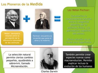 Weber: demuestra
relación entre la
percepción de la
diferencia intensidad
de dos estímulos
Fechner: encuentra la
ecuación que pone el
alma y la materia.
Charles Darwin
También permite crear
especies nuevas como
macroevolucion. Permite
explicar incluso la
evolución de los humanos
La selección natural
permite ciertos cambios
pequeños, ayudándolo a
sobrevivir, llamado
Microevolución.
 