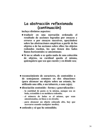 La abstracción reflexionada
         (continuación)
incluye distintos aspectos:
  traducir en una narración ordenada el
  resultado de acciones logradas por ensayos y
  errores o por ensayos sucesivos, apoyándose
  sobre las abstracciones empíricas a partir de los
  objetos o de las acciones sobre ellos: los objetos
  redondos ruedan, los que tienen dos lados
  llanos horizontales se amontonan;
  Si no se añade o se quita nada de una colección
  de objetos, su cardinal queda el mismo,
  quienquiera que sea que cuente y en dónde sea;




reconocimiento de caracteres, de contenidos o
de semejanzas comunes en dos situaciones
(para alcanzar un objeto sobre un estante, he
utilizado una silla, o un taburete, o una caja);
disociación contenido - forma y generalización :
– la cantidad de pasta es la misma, aunque sea en
  bola, extendida o en moldura redonda;
– el número de bolas es el mismo, que sean
  amontonadas, en línea o en círculo;
– para alcanzar un objeto colocado alto, hay que
  acercarse usando cualquier medio);
entiendo y sé que he entendido;




                                                       34
 