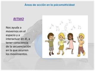 Áreas de acción en la psicomotricidad




     RITMO

Nos ayuda a
movernos en el
espacio y a
interactuar en él, a
tener consciencia
de la secuenciación
en la que ocurren
los movimientos.
 