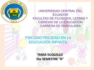 UNIVERSIDAD CENTRAL DEL
              ECUADOR
   FACULTAD DE FILOSOFIA, LETRAS Y
      CIENCIAS DE LA EDUCACIÓN
       CARRERA DE PARVULARIA


PSICOMOTRICIDAD EN LA
 EDUCACIÓN INFANTIL


     TANIA SUQUILLO
     5to SEMESTRE “A”
 