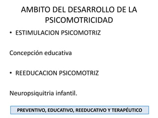 AMBITO DEL DESARROLLO DE LA
PSICOMOTRICIDAD
• ESTIMULACION PSICOMOTRIZ
Concepción educativa
• REEDUCACION PSICOMOTRIZ
Neuropsiquitria infantil.
PREVENTIVO, EDUCATIVO, REEDUCATIVO Y TERAPÉUTICO
 