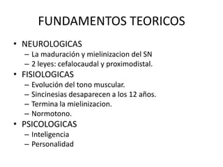 FUNDAMENTOS TEORICOS
• NEUROLOGICAS
– La maduración y mielinizacion del SN
– 2 leyes: cefalocaudal y proximodistal.
• FISIOLOGICAS
– Evolución del tono muscular.
– Sincinesias desaparecen a los 12 años.
– Termina la mielinizacion.
– Normotono.
• PSICOLOGICAS
– Inteligencia
– Personalidad
 
