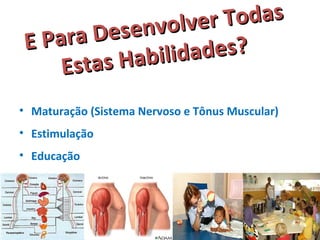 E Para Desenvolver Todas 
Estas Habilidades? 
• Maturação (Sistema Nervoso e Tônus Muscular) 
• Estimulação 
• Educação 
 