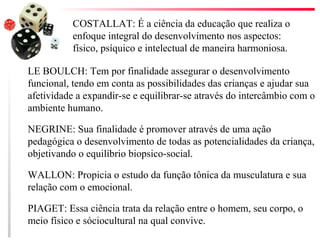 COSTALLAT: É a ciência da educação que realiza o
          enfoque integral do desenvolvimento nos aspectos:
          físico, psíquico e intelectual de maneira harmoniosa.

LE BOULCH: Tem por finalidade assegurar o desenvolvimento
funcional, tendo em conta as possibilidades das crianças e ajudar sua
afetividade a expandir-se e equilibrar-se através do intercâmbio com o
ambiente humano.

NEGRINE: Sua finalidade é promover através de uma ação
pedagógica o desenvolvimento de todas as potencialidades da criança,
objetivando o equilíbrio biopsico-social.

WALLON: Propicia o estudo da função tônica da musculatura e sua
relação com o emocional.

PIAGET: Essa ciência trata da relação entre o homem, seu corpo, o
meio físico e sóciocultural na qual convive.
 
