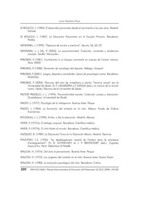 Javier Mendiara Rivas
220 ISSN 0213-8646 • Revista Interuniversitaria de Formación del Profesorado, 62 (22,2) (2008), 199-220
LE BOULCH, J. (1983). El desarrollo psicomotor desde el nacimiento a los seis años. Madrid:
Doñate.
LE BOULCH, J. (1987). La Educación Psicomotriz en la Escuela Primaria. Barcelona:
Paidós.
MENDIARA, J. (1999). “Espacios de acción y aventura”. Apunts, 56, 65-70.
MENDIARA, J. y GIL, P
. (2003). La psicomotricidad. Evolución, corrientes y tendencias
actuales. Sevilla: Wanceulen.
PARLEBAS, P
. (1981). Contributión à un lexique commenté en science de l’action motrice.
París: INSEP
.
PARLEBAS, P
. (1988). Elementos de sociología del deporte. Málaga: Unisport.
PARLEBAS, P
. (2001). Juegos, deportes y sociedades. Léxico de praxiología motriz. Barcelona:
Paidotribo.
PARLEBAS, P
. (2004). Discurso del acto de investidura a doctor “honoris causa” por la
Universidad de Lleida. En F. LAGARDERA y P
. LAVEGA (eds.), La ciencia de la acción
motriz. Lleida: Edicions de la Universitat de Lleida.
PASTOR PRADILLO, J. L. (1994). Psicomotricidad escolar. Colección cuerpo y educación.
Guadalajara: Universidad de Alcalá.
PIAGET, J. (1977). Psicología de la inteligencia. Buenos Aires: Psique.
PIAGET, J. (1984). La formación del símbolo en el niño. México: Fondo de Cultura
Económica.
ROUSSEAU, J. J. (1990). Emilio, o De la educación. Madrid: Alianza.
VAYER, P
. (1977a). El diálogo corporal. Barcelona: Científico-médica.
VAYER, P
. (1977b). El niño frente al mundo. Barcelona: Científico-médica.
VÁZQUEZ, B. (1989). La Educación Física en la Educación Básica. Madrid: Gymnos.
VYGOTSKY, L.S. (1935). “Le développement mental de l’enfant dans le processus
d’enseignement”. En B. SCHNEUWLY et J. P
. BRONCKART (eds.), Vygotsky
Aujourd’hui. París: Delachaux et Niestlé.
WALLON, H. (1974). Del acto al pensamiento. Buenos Aires: Psique.
WALLON, H. (1975). Los orígenes del carácter en el niño. Buenos Aires: Nueva Visión.
WALLON, H. (1980). La evolución psicológica del niño. Barcelona: Crítica.
 