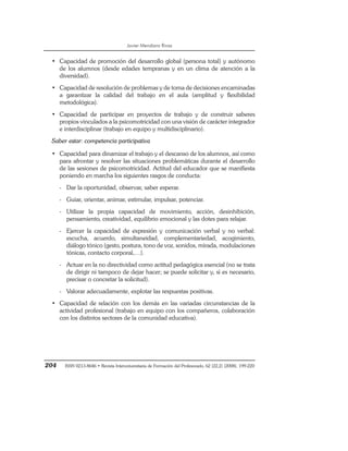 Javier Mendiara Rivas
204 ISSN 0213-8646 • Revista Interuniversitaria de Formación del Profesorado, 62 (22,2) (2008), 199-220
• Capacidad de promoción del desarrollo global (persona total) y autónomo
de los alumnos (desde edades tempranas y en un clima de atención a la
diversidad).
• Capacidad de resolución de problemas y de toma de decisiones encaminadas
a garantizar la calidad del trabajo en el aula (amplitud y flexibilidad
metodológica).
• Capacidad de participar en proyectos de trabajo y de construir saberes
propios vinculados a la psicomotricidad con una visión de carácter integrador
e interdisciplinar (trabajo en equipo y multidisciplinario).
Saber estar: competencia participativa
• Capacidad para dinamizar el trabajo y el descanso de los alumnos, así como
para afrontar y resolver las situaciones problemáticas durante el desarrollo
de las sesiones de psicomotricidad. Actitud del educador que se manifiesta
poniendo en marcha los siguientes rasgos de conducta:
- Dar la oportunidad, observar, saber esperar.
- Guiar, orientar, animar, estimular, impulsar, potenciar.
- Utilizar la propia capacidad de movimiento, acción, desinhibición,
pensamiento, creatividad, equilibrio emocional y las dotes para relajar.
- Ejercer la capacidad de expresión y comunicación verbal y no verbal:
escucha, acuerdo, simultaneidad, complementariedad, acogimiento,
diálogo tónico (gesto, postura, tono de voz, sonidos, mirada, modulaciones
tónicas, contacto corporal,…).
- Actuar en la no directividad como actitud pedagógica esencial (no se trata
de dirigir ni tampoco de dejar hacer; se puede solicitar y, si es necesario,
precisar o concretar la solicitud).
- Valorar adecuadamente, explotar las respuestas positivas.
• Capacidad de relación con los demás en las variadas circunstancias de la
actividad profesional (trabajo en equipo con los compañeros, colaboración
con los distintos sectores de la comunidad educativa).
 
