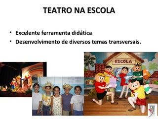 TEATRO NA ESCOLATEATRO NA ESCOLA
• Excelente ferramenta didática
• Desenvolvimento de diversos temas transversais.
 