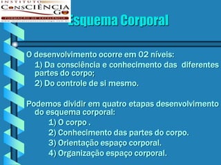 Esquema Corporal

O desenvolvimento ocorre em 02 níveis:
  1) Da consciência e conhecimento das diferentes
  partes do corpo;
  2) Do controle de si mesmo.

Podemos dividir em quatro etapas desenvolvimento
  do esquema corporal:
      1) O corpo .
      2) Conhecimento das partes do corpo.
      3) Orientação espaço corporal.
      4) Organização espaço corporal.
 