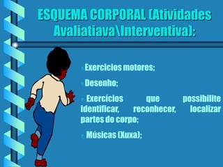 ESQUEMA CORPORAL (Atividades
  AvaliatiavaInterventiva):

         Exercicios motores;
         Desenho;
       Exercícios     que      possibilite
      identificar,  reconhecer,   localizar
      partes do corpo;
         Músicas (Xuxa);
 