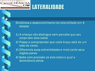 LATERALIDADE

Dividimos o desenvolvimento da lateralidade em 4
  etapas:

1) A criança não distingue nem percebe que seu
   corpo tem dois lados.
2) Passa a compreender que cada braço está de um
   lado do corpo.
3) Diferencia suas extremidades e mais tarde seus
   órgãos pares.
4) Sabe com precisão os dois lados e qual a
   dominância deles.
 