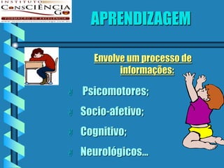 APRENDIZAGEM

       Envolve um processo de
             informações:

   Psicomotores;
   Socio-afetivo;
   Cognitivo;
   Neurológicos...
 