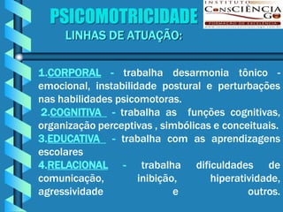 PSICOMOTRICIDADE
     LINHAS DE ATUAÇÃO:

1.CORPORAL - trabalha desarmonia tônico -
emocional, instabilidade postural e perturbações
nas habilidades psicomotoras.
 2.COGNITIVA - trabalha as funções cognitivas,
organização perceptivas , simbólicas e conceituais.
3.EDUCATIVA - trabalha com as aprendizagens
escolares
4.RELACIONAL - trabalha dificuldades de
comunicação,         inibição,      hiperatividade,
agressividade                e              outros.
 