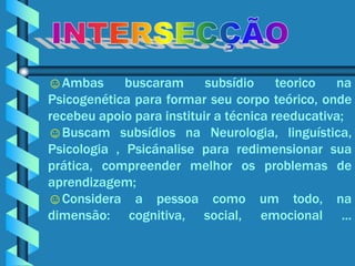 ☺Ambas       buscaram      subsídio     teorico  na
Psicogenética para formar seu corpo teórico, onde
recebeu apoio para instituir a técnica reeducativa;
☺Buscam subsídios na Neurologia, linguística,
Psicologia , Psicánalise para redimensionar sua
prática, compreender melhor os problemas de
aprendizagem;
☺Considera a pessoa como um todo, na
dimensão: cognitiva, social, emocional ...
 