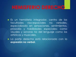 HEMISFERIO DERECHO


Es un hemisferio integrador, centro de las
facultades viso-espaciales no verbales,
especializado en sensaciones, sentimientos,
prosodia y habilidades especiales; como
visuales y sonoras no del lenguaje como las
artísticas y musicales.



La parte derecha está relacionada con la
expresión no verbal.

 