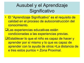 Ausubel y el Aprendizaje
            Significativo
• El “Aprendizaje Significativo” es el requisito de
  calidad en el proceso de autoconstrucción del
  conocimiento.
 Las experiencias educativas están
  condicionadas a las experiencias previas.
 Establecer lo que el niño es capaz de hacer y
  aprender por sí mismo y lo que es capaz de
  aprender con la ayuda de otros:<La distancia de
  e tres estos puntos = Zona Proximal.
 