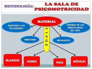 MATERIAL
ADAPTADO A LAS                                  SOPORTE DE LAS
 NECESIDADES                                     PROYECCIONES




                            T I P O S
                                                   DEL NIÑ@


             ORDENADO                   ABUNDANTES




BLANDOS          DUROS                               MÓVILES
                                        FIJOS
 