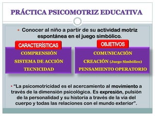  Conocer al niño a partir de su actividad motriz
           espontánea en el juego simbólico.




• “La psicomotricidad es el acercamiento al movimiento a
través de la dimensión psicológica. Es expresión, pulsión
   de la personalidad y su historia a través de la vía del
   cuerpo y todas las relaciones con el mundo exterior”.
 