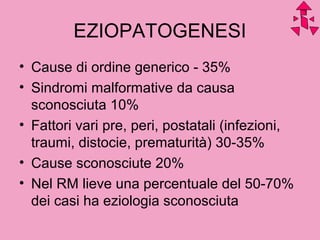 EZIOPATOGENESI
• Cause di ordine generico - 35%
• Sindromi malformative da causa
sconosciuta 10%
• Fattori vari pre, peri, postatali (infezioni,
traumi, distocie, prematurità) 30-35%
• Cause sconosciute 20%
• Nel RM lieve una percentuale del 50-70%
dei casi ha eziologia sconosciuta
 
