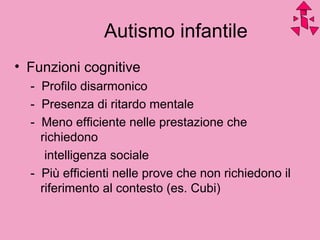 Autismo infantile
• Funzioni cognitive
- Profilo disarmonico
- Presenza di ritardo mentale
- Meno efficiente nelle prestazione che
richiedono
intelligenza sociale
- Più efficienti nelle prove che non richiedono il
riferimento al contesto (es. Cubi)
 