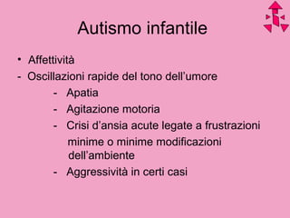 Autismo infantile
• Affettività
- Oscillazioni rapide del tono dell’umore
- Apatia
- Agitazione motoria
- Crisi d’ansia acute legate a frustrazioni
minime o minime modificazioni
dell’ambiente
- Aggressività in certi casi
 