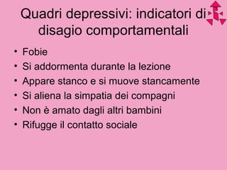 Quadri depressivi: indicatori di
disagio comportamentali
• Fobie
• Si addormenta durante la lezione
• Appare stanco e si muove stancamente
• Si aliena la simpatia dei compagni
• Non è amato dagli altri bambini
• Rifugge il contatto sociale
 