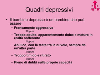 Quadri depressivi
• Il bambino depresso è un bambino che può
essere
– Francamente aggressivo
Oppure
– Troppo adulto, apparentemente dolce e maturo in
realtà sofferente
Oppure
– Abulico, con la testa tra le nuvole, sempre da
un’altra parte
Oppure
– Troppo timido e ritirato
Oppure
– Pieno di dubbi sulle proprie capacità
 