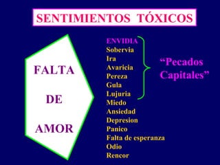SENTIMIENTOS TÓXICOS
FALTA
DE
AMOR
ENVIDIA
Sobervia
Ira
Avaricia
Pereza
Gula
Lujuria
Miedo
Ansiedad
Depresion
Panico
Falta de esperanza
Odio
Rencor
“Pecados
Capitales”
 