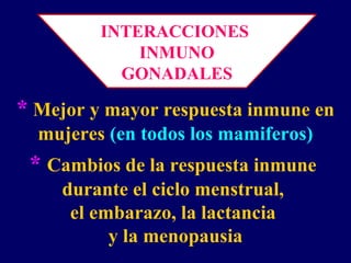 * Cambios de la respuesta inmune
durante el ciclo menstrual,
el embarazo, la lactancia
y la menopausia
INTERACCIONES
INMUNO
GONADALES
* Mejor y mayor respuesta inmune en
mujeres (en todos los mamiferos)
 