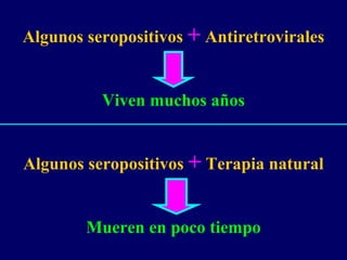 Algunos seropositivos + Antiretrovirales
Viven muchos años
Algunos seropositivos + Terapia natural
Mueren en poco tiempo
 